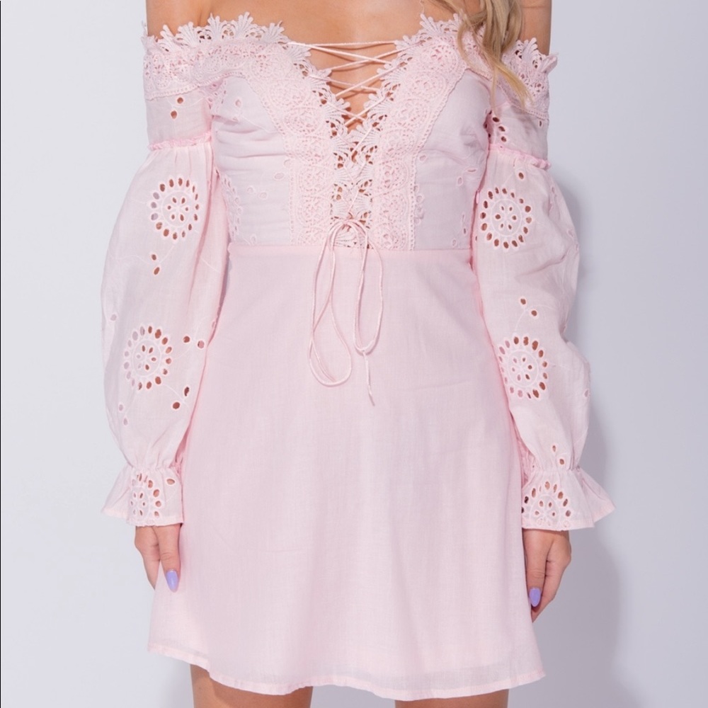 Broderie Lace Puff Sleeve Lace Pink Mini Dress - Picture 2 of 5
